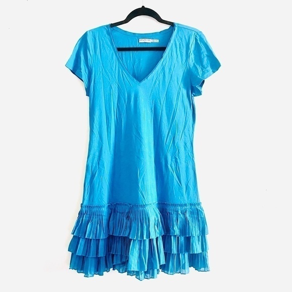 Juicy Couture Mini Dress M Pleated Ruffle Bottom T-shirt Neon Blue Party Date - Picture 1 of 8